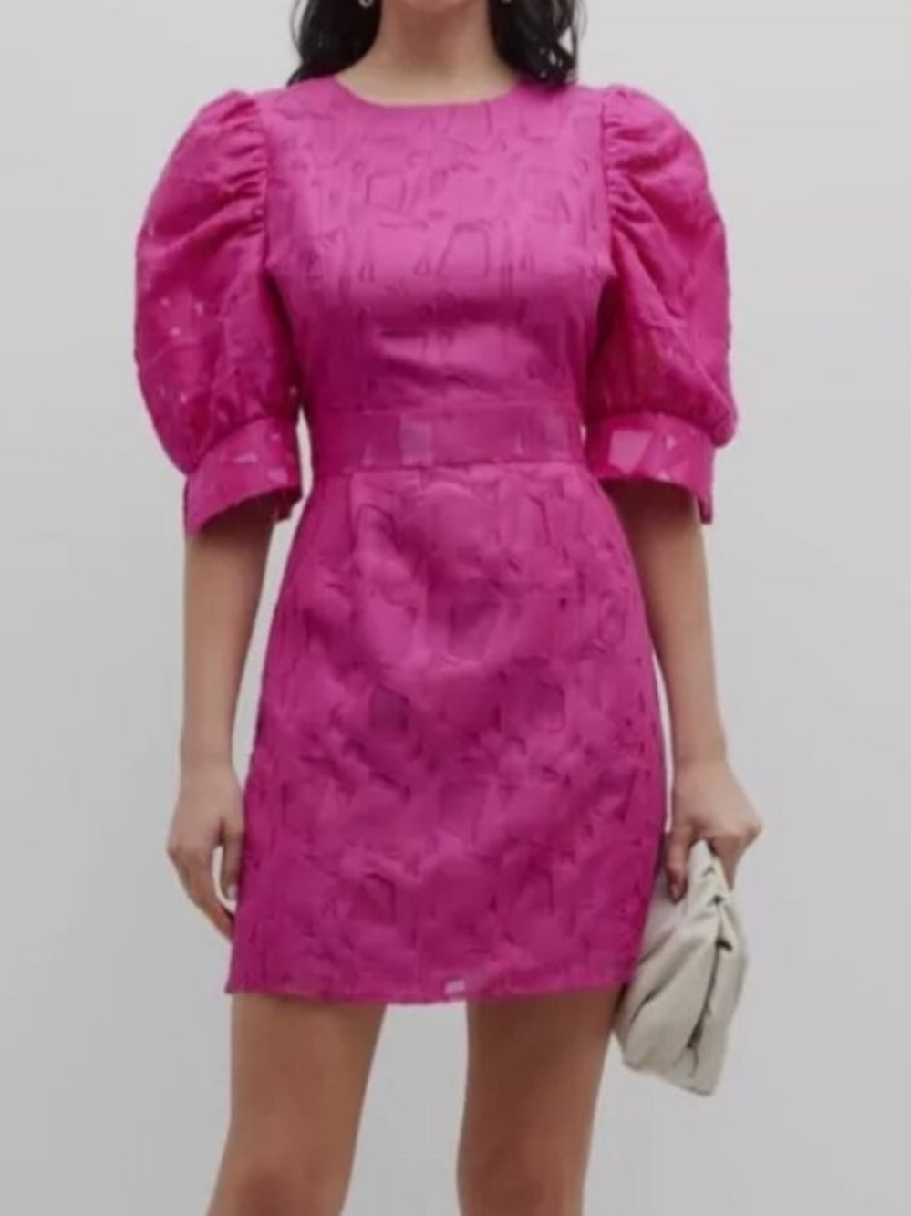 Marie Oliver Bright Fuchsia Puff-Sleeve Textured Dress